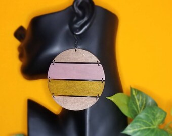 Rose Gold, Wood, Copper Hand Painted Circle Earring