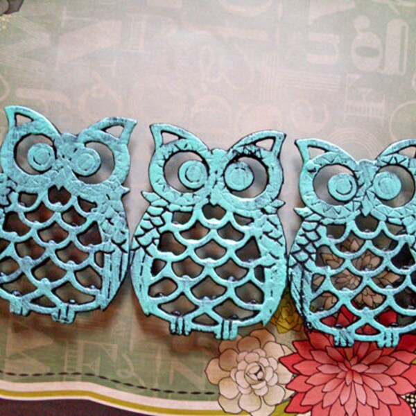 Turquoise Owl Coasters - Set of 3 - Upcycled Boho Decor