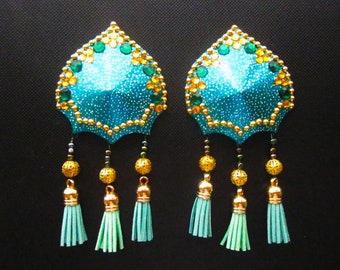 REUSABLE Burlesque Pasties SUMMER LAKE - Rhinestone Nipple Covers - Blue-green and Gold Trim Tassels