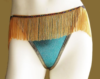 Exotic G-String SUMMER LAKE - Blue-Green Stretchy Polyester - Rhinestone Adorned - Burlesque Show & Exotic Dancer Costume