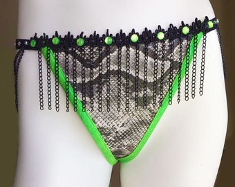 Exotic Dancer G-String with Snake Skin Pattern: EAST OF EDEN - Lime Green Trim, Rhinestones and Chain Fringes