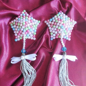 BUBBLEGUM POP Reusable Burlesque Pasties Star Nipple Covers Rainbow Pearl Tassels image 1