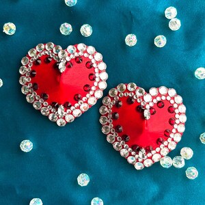 thumbnail image 2 of Valentine's Day Pasties - Red With Black XOXO Heart Nipple Covers For Lingerie & Date Nights 2 of 11