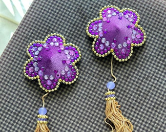PURPLE VELVET FLOWER Reusable Burlesque Pasties - Flower Nipple Covers - Purple Rhinestones & Golden Beads Tassels