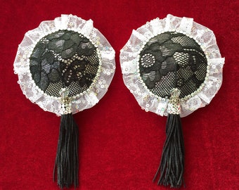 Seductive and Unique FRENCH MAID Reusable pasties - Elegant Black Lace and White Rhinestones Nipple Covers