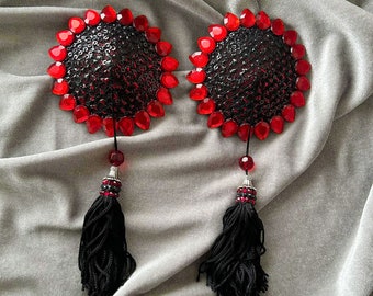 RED SUNFLOWER Burlesque Pasties - Reusable Nipple Covers - Red and Black Rhinestone Pasties