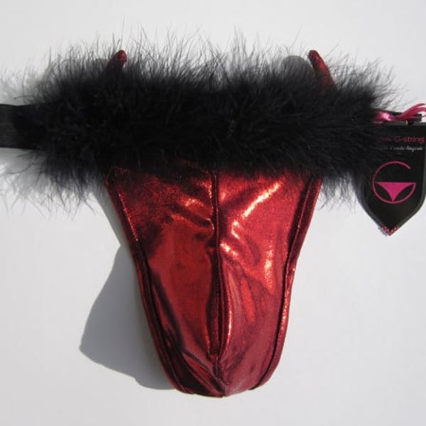 Men's Thong: DEVIL ON The BED - Red Shiny Polyester, Feather Boa, Sexy and Funny Handmade Erotic Lingerie