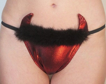 Playful DEVIL ON The BED G-String with T-Back - Red or Black - Handmade with Feather Boa Trim