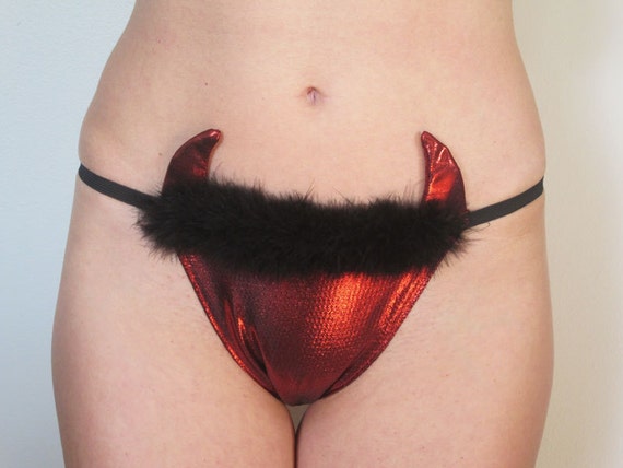 Devil on the Bed g-string Sexy and funny panties Red fabric with feather bo...