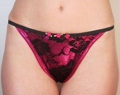 Pink Beauty g-string Sexy panties Stretchy hot pink fabric & black lace thong Custom erotic lingerie Plus size available upon request