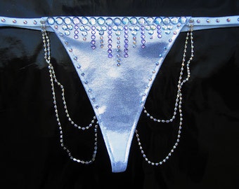 Silver G-string MERMAID DREAM, Adorned with AB Rhinestone Swags - Ideal for Burlesque Shows and Exotic Dancers