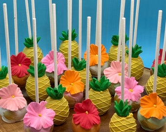12 Luau Cake Pops, flowers and pineapples, individually wrapped, Muana, Hawaii, Tropical, Birthday Party, summer party