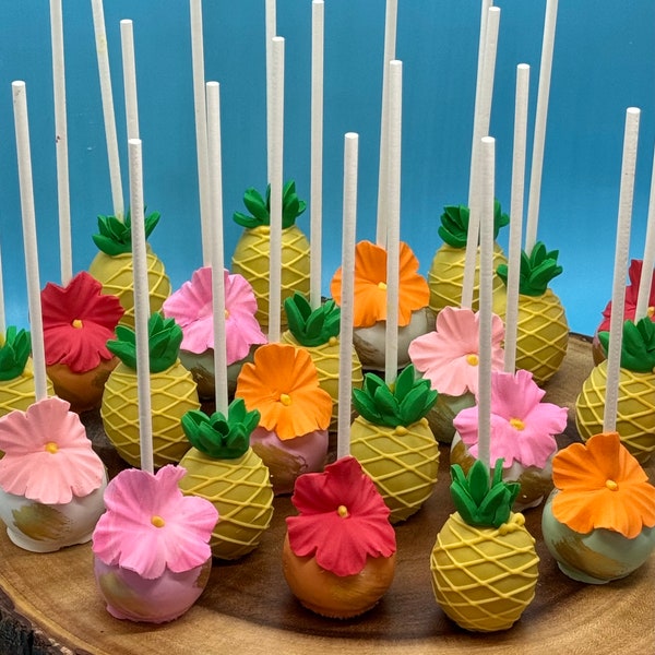 12 Luau Cake Pops, flowers and pineapples, individually wrapped, Muana, Hawaii, Tropical, Birthday Party, summer party