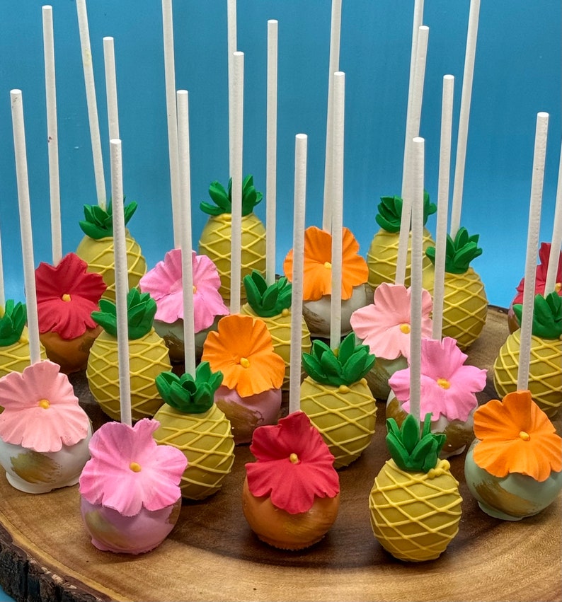 12 Luau Cake Pops, flowers and pineapples, individually wrapped, Muana, Hawaii, Tropical, Birthday Party, summer party image 1