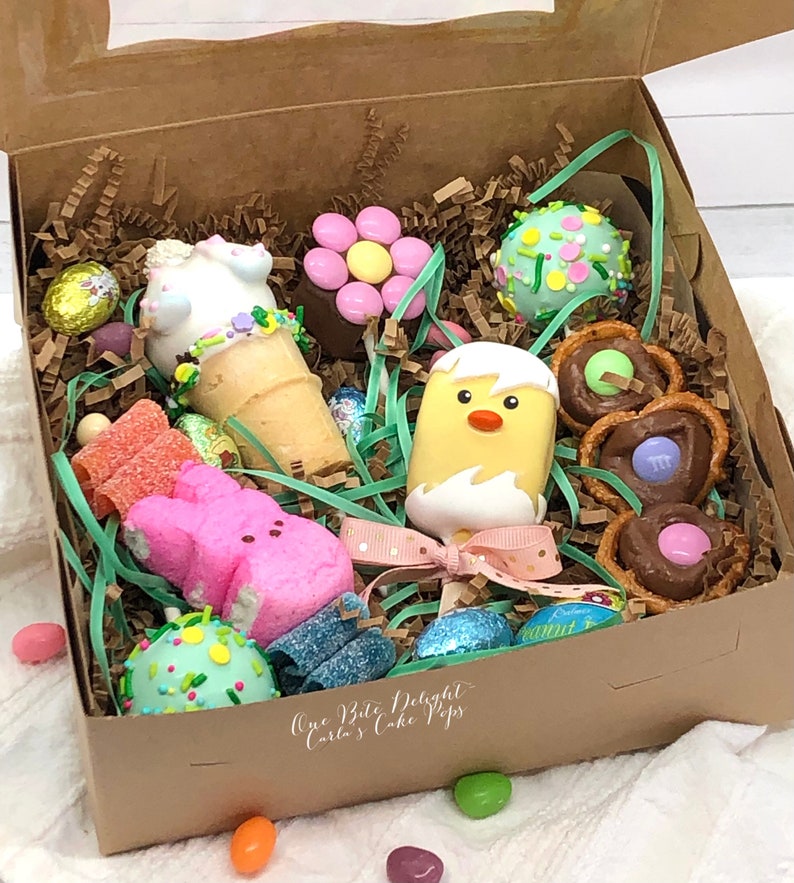 Easter cake pops and mixed treats.