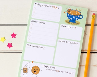 A5 Daily Planner Notepad. Tea Design To do List with fun and cute illustrations