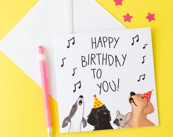 Tarjeta de cumpleaños para un amante de los perros. Lindos perros ilustrados cantando feliz cumpleaños. Tarjeta para amigo, mamá, papá, hijo, hija, abuelo.