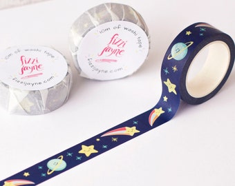 Cute Space Themed Washi Tape. Single Roll of decorative tape for crafts, scrapbooking and planners.