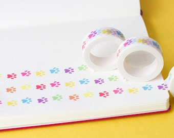 Rainbow Paw Prints Washi Tape. Single Roll of decorative tape for crafts, scrapbooking and planners.