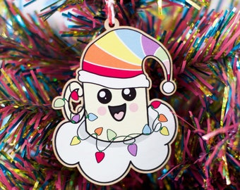 Festive Mug with Rainbow Santa Hat and Christmas Lights. Wooden Christmas Decoration, Ornament for the Tree