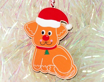 Lindo y festivo perro de jengibre decoración navideña, adorno para el árbol