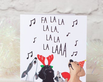 Lindo perro Carol Singers, tarjeta de Navidad