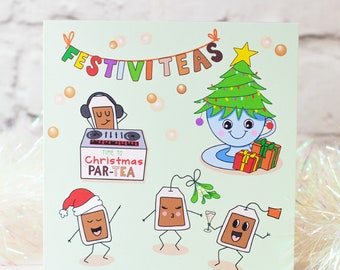 FestiviTEAs Christmas Party. Punny Christmas Card for a Tea Lover.