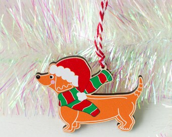 Gingerbread Style Dachshund Christmas Decoration. Ornament of a Sausage Dog for the Tree