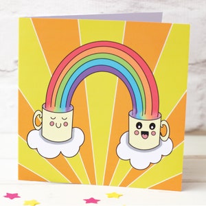 Send a Smile. Happy, Cute Mugs and Rainbows Greeting Card. image 1