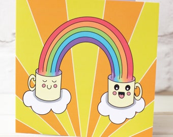 Send a Smile. Happy, Cute Mugs and Rainbows Greeting Card.