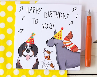 Lindos perros grandes y pequeños cantando feliz cumpleaños. Tarjeta de cumpleaños ilustrada para un amante de los perros