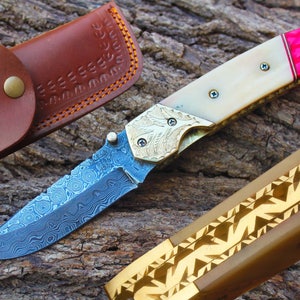 3.5&quot;Blade Custom Handmade Folding Knife w/Engrave Brass Bolsters, Buffalo Bone,File-Work,Liner Lock,Kerinite & Sheath Cover UDK-FK-63