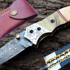 2.4&quot;Damascus Tanto Blade Handmade Folding Knife w/Liner Lock,File-work,Engrave Steel Bolsters,Camel Bone,Kerinite &Leather Sheath UDK-FK-86
