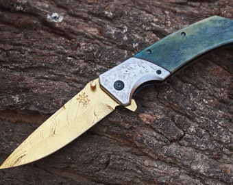 3.5" Titanium Coated Damascus Blade Custom Folding Knife w/ File-Work, Liner Lock, Pocket clip, Buffalo Bone  & Sheath UDK-CH-4