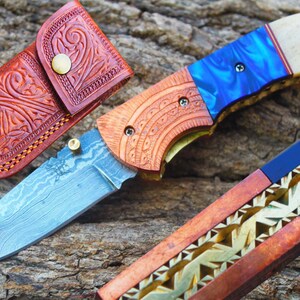 3.3&quot;Blade Custom Handmade Folding Knife w/Engrave Copper Bolsters, Buffalo Bone,File-Work,Liner Lock,Kerinite & Sheath Cover UDK-FK-49
