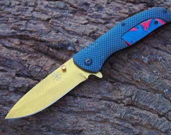 3.4" Titanium Coated Damascus Blade Custom Folding Knife w/ Kerinite, File-Work, Liner Lock, Pocket clip  & Sheath UDK-CH-109