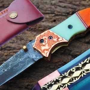 2.4&quot;Damascus Tanto Blade Handmade Folding Knife w/Liner Lock,File-work,Engrave Copper Bolsters,Camel Bone,Kerinite & Sheath UDK-FK-88