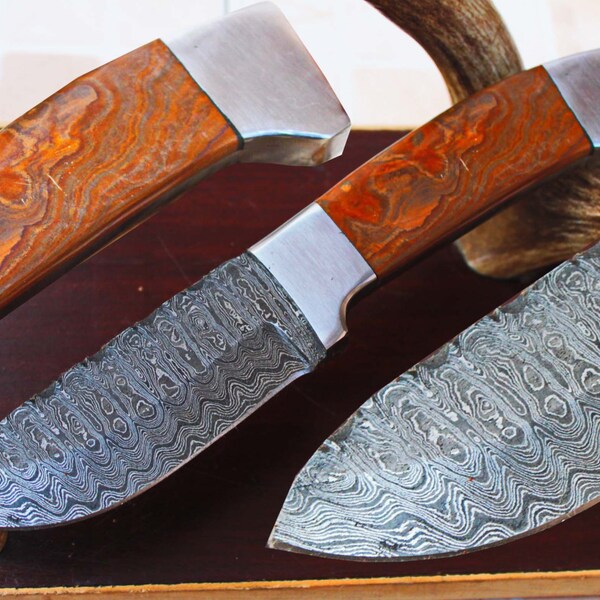 Damascus Blade Handmade 8.8" Skinner Collector knife W/Steel Bolster, Exotic Afghan Marble & Fine Sheath Cover