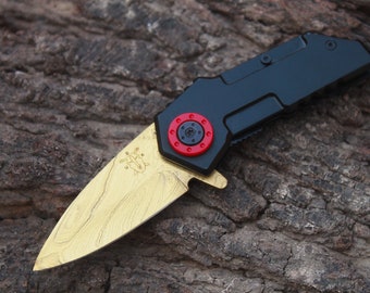 2.5" Titanium Coated Damascus Blade Custom Folding Knife w/ File-Work, Liner Lock, Pocket clip  & Sheath UDK-CH-14