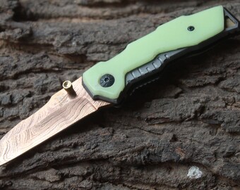 2.5" Titanium Coated Damascus Blade Custom Folding Knife w/ File-Work, Liner Lock, Pocket clip,kerinit handle   & Sheath included UDK-CH-118