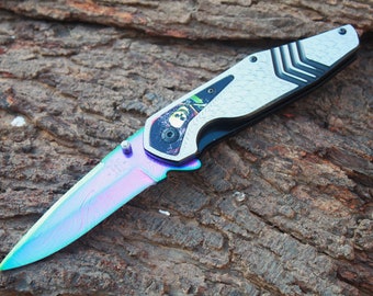 3.5"Titanium Coated Damascus Blade Custom Folding Knife w/  File-Work, Liner Lock, Pocket clip & Sheath UDK-CH-117
