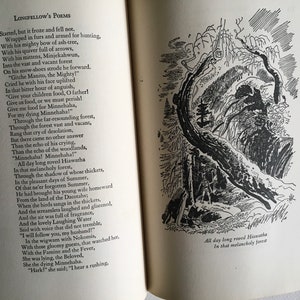 May include: A black and white illustration of a forest scene with a large tree trunk in the foreground. The text "All day long roved Hiawatha In that melancholy forest" is printed below the illustration.