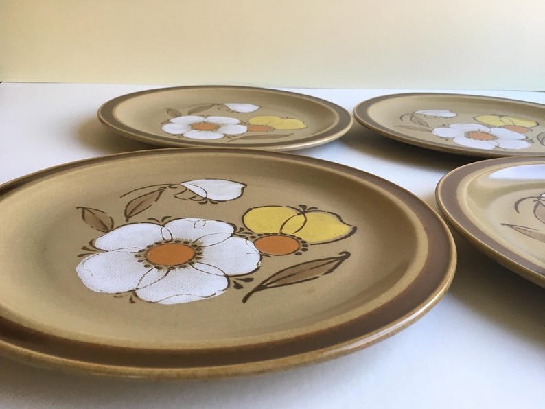 May include: Set of four brown stoneware dinner plates with a floral design featuring white, yellow, and orange flowers.