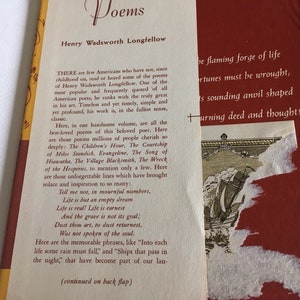 May include: A vintage book cover with a cream background and black text. The title of the book is "Poems" and the author is "Henry Wadsworth Longfellow". The text on the cover describes the book as a collection of the author's most beloved poems, including "The Children's Hour", "The Courtship of Miles Standish", and "Evangeline".