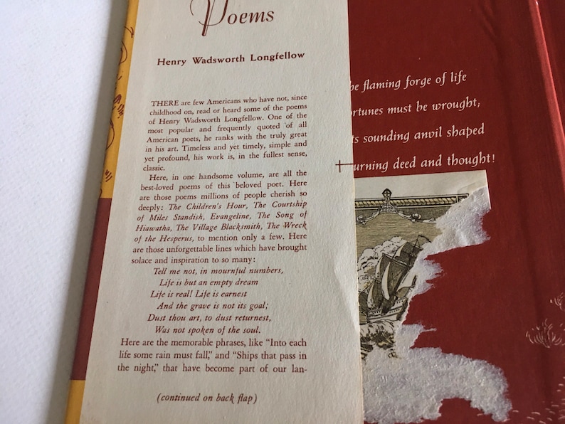 May include: A vintage book cover with a cream background and black text. The title of the book is "Poems" and the author is "Henry Wadsworth Longfellow". The text on the cover describes the book as a collection of the author's most beloved poems, including "The Children's Hour", "The Courtship of Miles Standish", and "Evangeline".