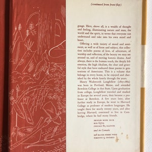 May include: A book cover with a red background and white illustrations of trees, birds, and other nature scenes. The text on the cover reads "(continued from front flap)" and includes a biography of Henry Wadsworth Longfellow.