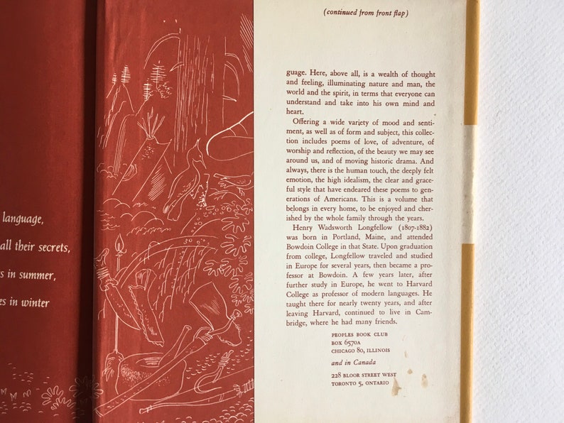 May include: A book cover with a red background and white illustrations of trees, birds, and other nature scenes. The text on the cover reads "(continued from front flap)" and includes a biography of Henry Wadsworth Longfellow.