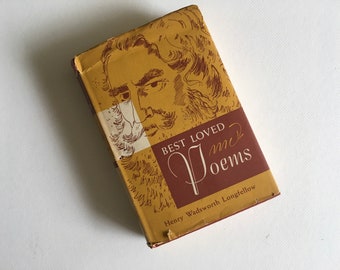 May include: A vintage book cover with a yellow background and a brown illustration of a man with a beard. The title of the book is "Best Loved Poems" by Henry Wadsworth Longfellow.