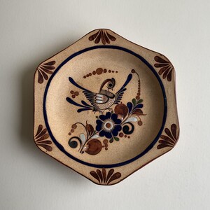 May include: A decorative ceramic plate with a blue and brown bird design. The bird is surrounded by flowers and leaves. The plate is a light brown color with a blue rim.