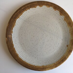 May include: A white ceramic plate with a brown rim and a speckled glaze. The plate has a concentric circle design.